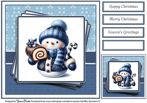 8x8 Blue Snowmen 22 Card Front, Gift Tag & Sentiments 