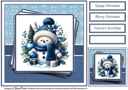 8x8 Blue Snowmen 23 Card Front, Gift Tag & Sentiments 