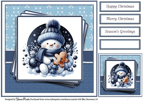 8x8 Blue Snowmen 24 Card Front, Gift Tag & Sentiments 