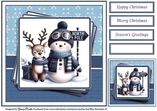 8x8 Blue Snowmen 25 Card Front, Gift Tag & Sentiments 