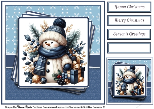 8x8 Blue Snowmen 26 Card Front, Gift Tag & Sentiments 
