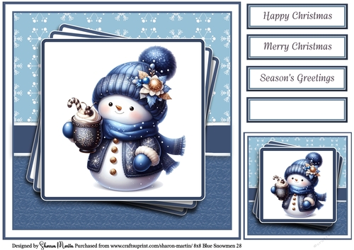 8x8 Blue Snowmen 28 Card Front, Gift Tag & Sentiments 