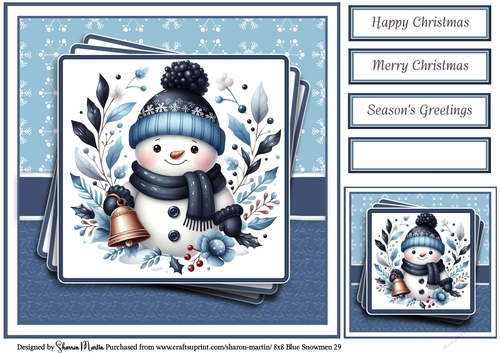 8x8 Blue Snowmen 29 Card Front, Gift Tag & Sentiments 