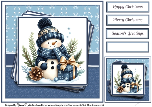8x8 Blue Snowmen 30 Card Front, Gift Tag & Sentiments 
