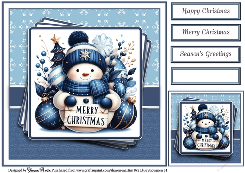 8x8 Blue Snowmen 31 Card Front, Gift Tag & Sentiments 