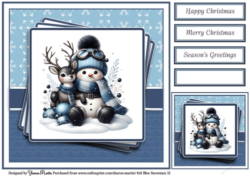 8x8 Blue Snowmen 32 Card Front, Gift Tag & Sentiments 