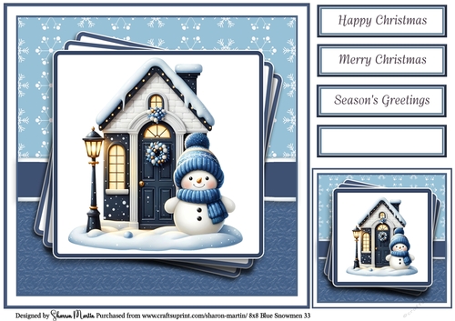 8x8 Blue Snowmen 33 Card Front, Gift Tag & Sentiments 
