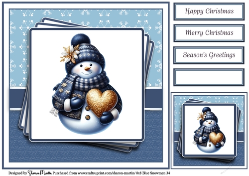 8x8 Blue Snowmen 34 Card Front, Gift Tag & Sentiments 