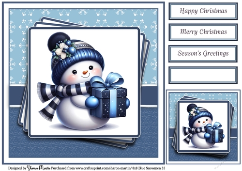 8x8 Blue Snowmen 35 Card Front, Gift Tag & Sentiments 