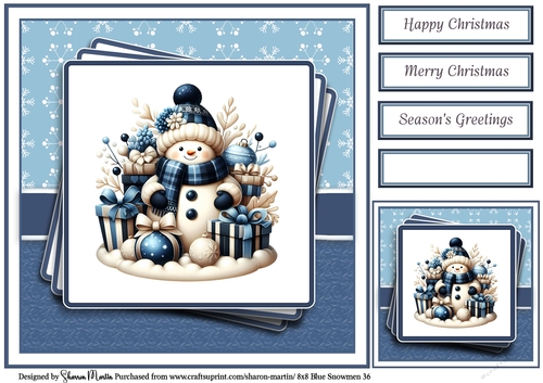 8x8 Blue Snowmen 36 Card Front, Gift Tag & Sentiments 