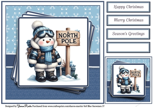 8x8 Blue Snowmen 37 Card Front, Gift Tag & Sentiments 