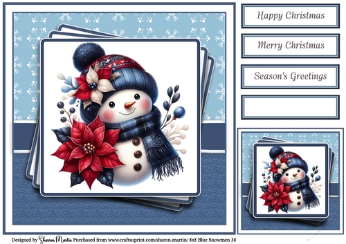 8x8 Blue Snowmen 38 Card Front, Gift Tag & Sentiments 