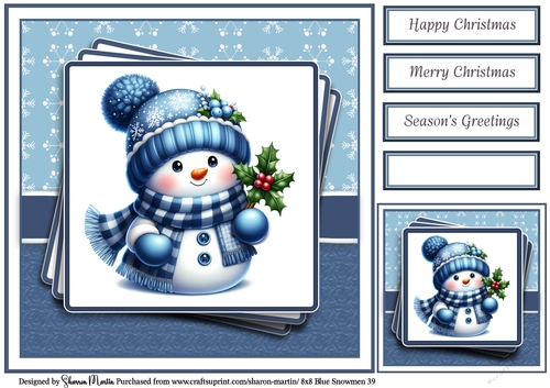 8x8 Blue Snowmen 39 Card Front, Gift Tag & Sentiments 