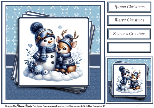 8x8 Blue Snowmen 40 Card Front, Gift Tag & Sentiments 