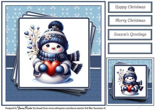 8x8 Blue Snowmen 41 Card Front, Gift Tag & Sentiments 