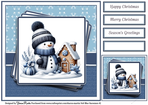 8x8 Blue Snowmen 42 Card Front, Gift Tag & Sentiments 