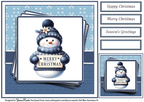 8x8 Blue Snowmen 43 Card Front, Gift Tag & Sentiments 