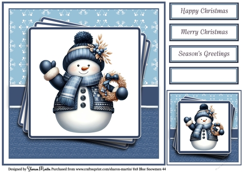 8x8 Blue Snowmen 44 Card Front, Gift Tag & Sentiments 