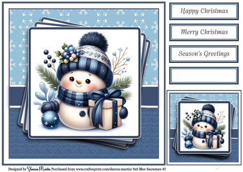 8x8 Blue Snowmen 45 Card Front, Gift Tag & Sentiments 