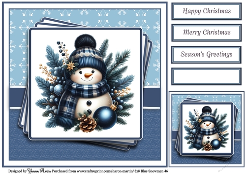 8x8 Blue Snowmen 46 Card Front, Gift Tag & Sentiments 