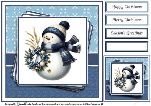 8x8 Blue Snowmen 47 Card Front, Gift Tag & Sentiments 