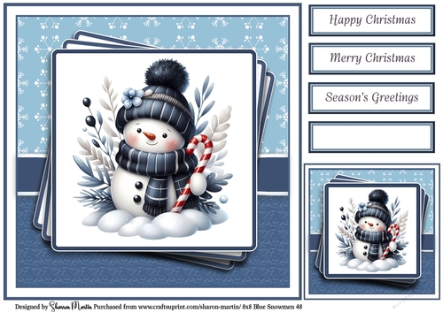 8x8 Blue Snowmen 48 Card Front, Gift Tag & Sentiments 