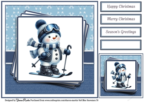 8x8 Blue Snowmen 50 Card Front, Gift Tag & Sentiments 