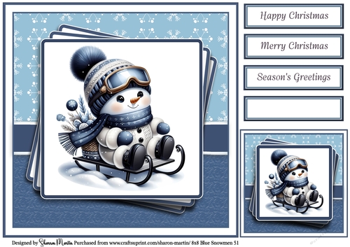 8x8 Blue Snowmen 51 Card Front, Gift Tag & Sentiments 