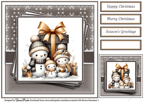 8x8 Black & Gold Snowmen 1 Card Front, Gift Tag and Sentiments 