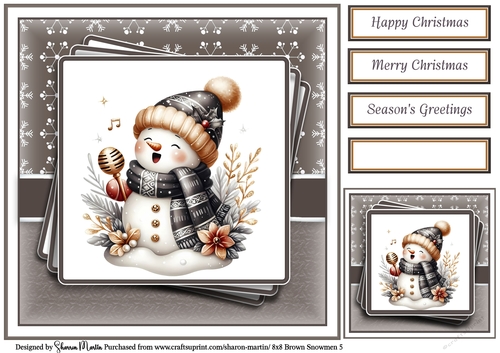 8x8 Black & Gold Snowmen 5 Card Front, Gift Tag and Sentiments 