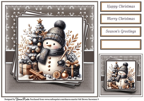 8x8 Black & Gold Snowmen 9 Card Front, Gift Tag and Sentiments 