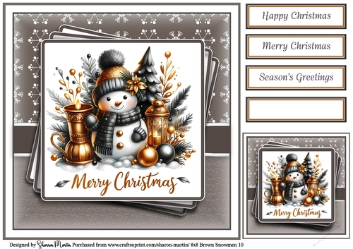 8x8 Black & Gold Snowmen 10 Card Front, Gift Tag and Sentiments 