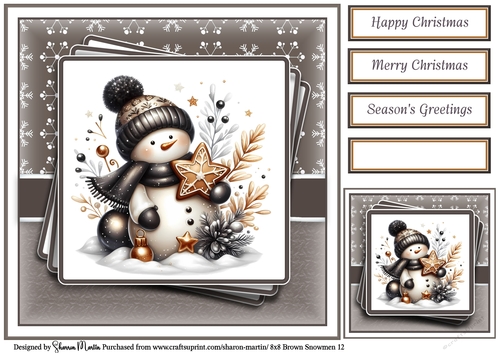 8x8 Black & Gold Snowmen 12 Card Front, Gift Tag and Sentiments 
