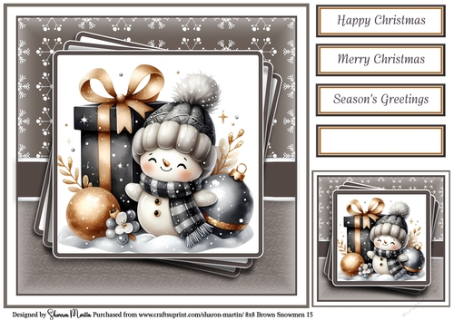 8x8 Black & Gold Snowmen 15 Card Front, Gift Tag and Sentiments 