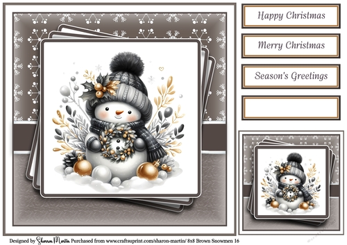 8x8 Black & Gold Snowmen 16 Card Front, Gift Tag and Sentiments 