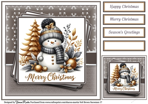 8x8 Black & Gold Snowmen 17 Card Front, Gift Tag and Sentiments 