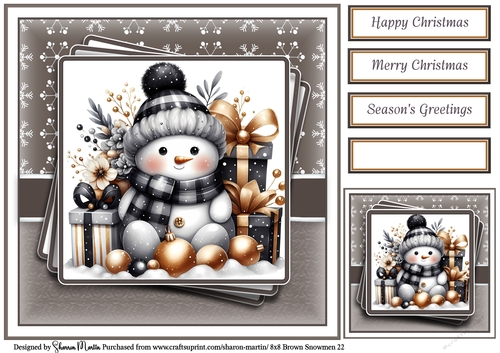 8x8 Black & Gold Snowmen 22 Card Front, Gift Tag and Sentiments 