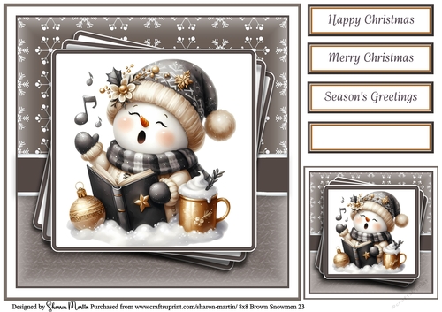 8x8 Black & Gold Snowmen 23 Card Front, Gift Tag and Sentiments 