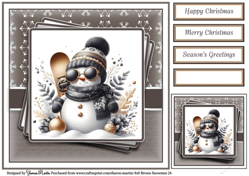 8x8 Black & Gold Snowmen 26 Card Front, Gift Tag and Sentiments 