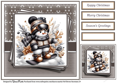 8x8 Black & Gold Snowmen 29 Card Front, Gift Tag and Sentiments 