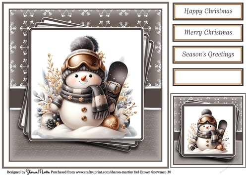 8x8 Black & Gold Snowmen 30 Card Front, Gift Tag and Sentiments 