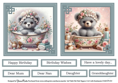 6x6 Bath Tub Ted Toppers 3 & 4 with Sentiments CU4CU/PU/CU