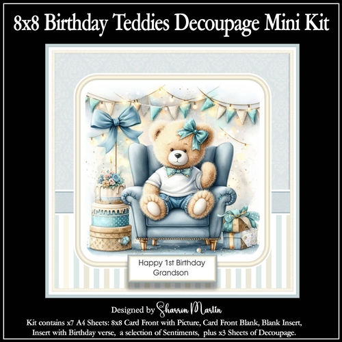 8x8 Birthday Teddies in Blue Chair Mini Decoupage Kit - x7 A4 Sheets