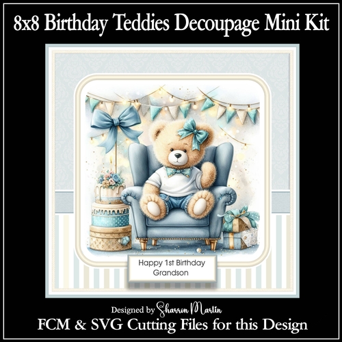 8x8 Teddies in Blue Chair Decoupage Mini Kit Cutting Files 