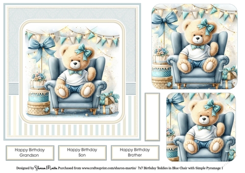 7x7 Birthday Teddies in Blue Chair Card Front, Sentiments and x2 Pyramage Layers