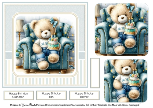 7x7 Birthday Teddies in Blue Chair Card Front 2, Sentiments and x2 Pyramage Layers