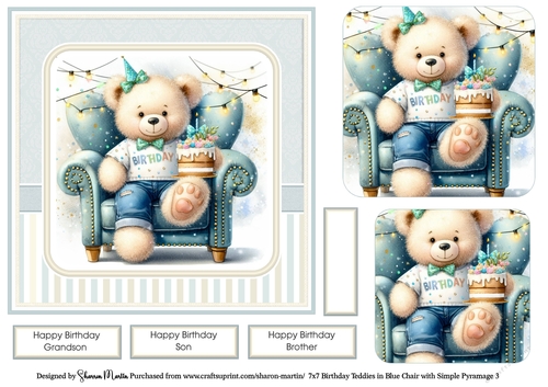 7x7 Birthday Teddies in Blue Chair Card Front 3, Sentiments and x2 Pyramage Layers