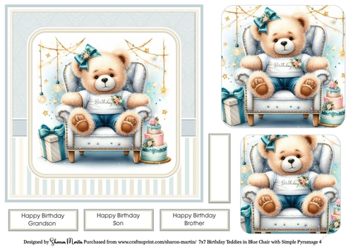 7x7 Birthday Teddies in Blue Chair Card Front 4, Sentiments and x2 Pyramage Layers