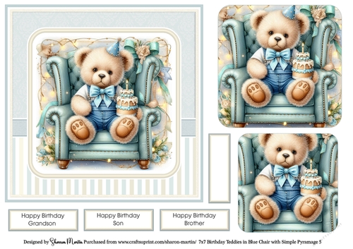 7x7 Birthday Teddies in Blue Chair Card Front 5, Sentiments and x2 Pyramage Layers