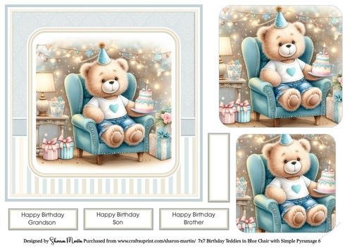 7x7 Birthday Teddies in Blue Chair Card Front 6, Sentiments and x2 Pyramage Layers